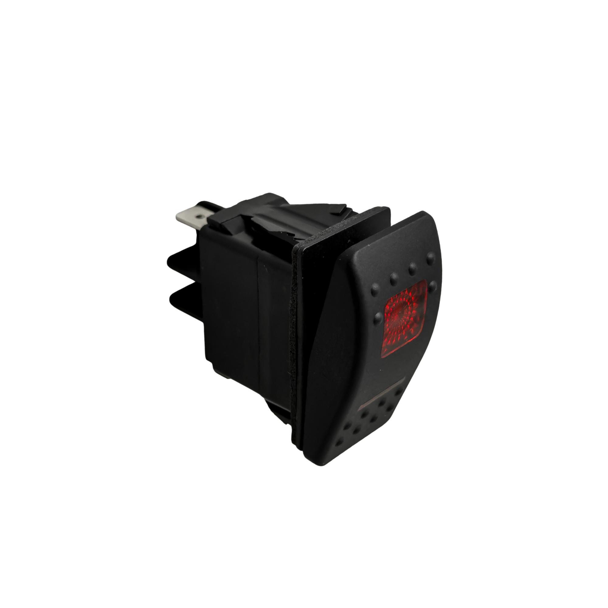 Black Paddle Type Rocker Switch, LED Pilot Light, 20 Amps, 12 Volt, On/Off/On 4 Prong