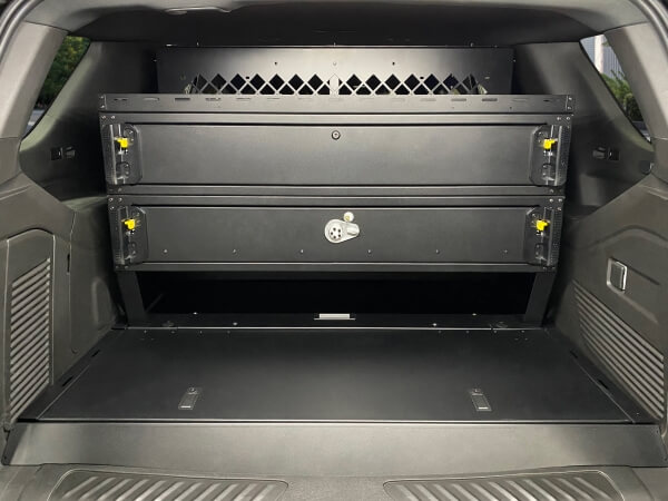 Premium 2-Drawer Package with Push-Button Lock & Trunk Trays for 2021-2025 Chevrolet Tahoe with Havis K9-XL or K9-PT