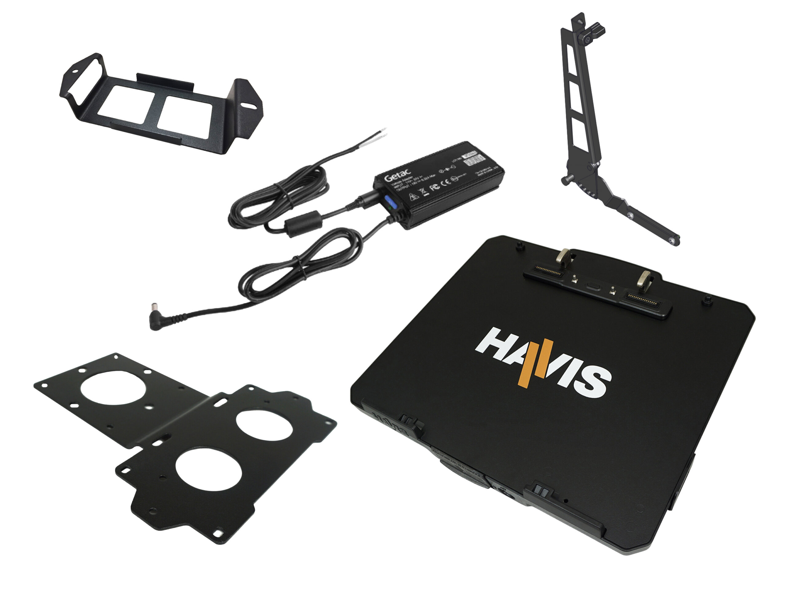 Package – Docking Station For Getac K120 Convertible Laptop With External Power Supply with Bare Wire, Power Supply Mounting Bracket & Screen Support