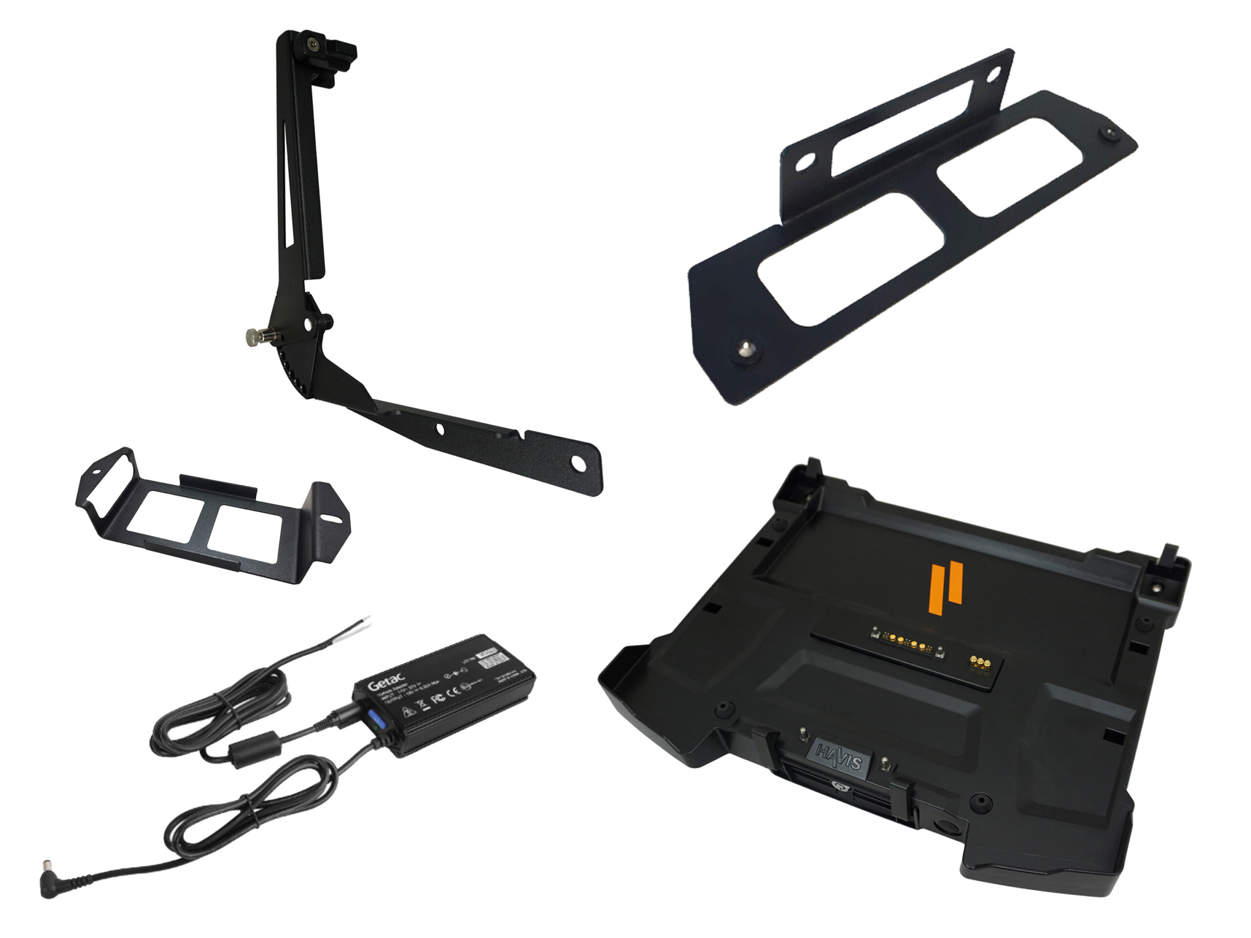 Package – Docking Station For Getac S410 Notebook With Triple Pass-Thru Antenna Connections, External Power Supply with Bare Wire, Power Supply Mounting Bracket & Screen Support
