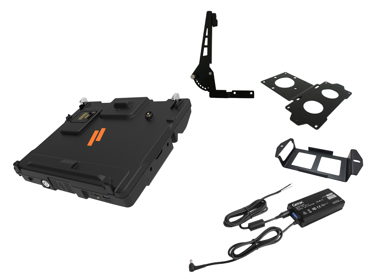 Package – Docking Station for Getac V120 with Advanced Port Replication, Quad Pass-Thru Antenna Connections, Getac Power Supply, Screen Support, & Power Supply Mounting Bracket