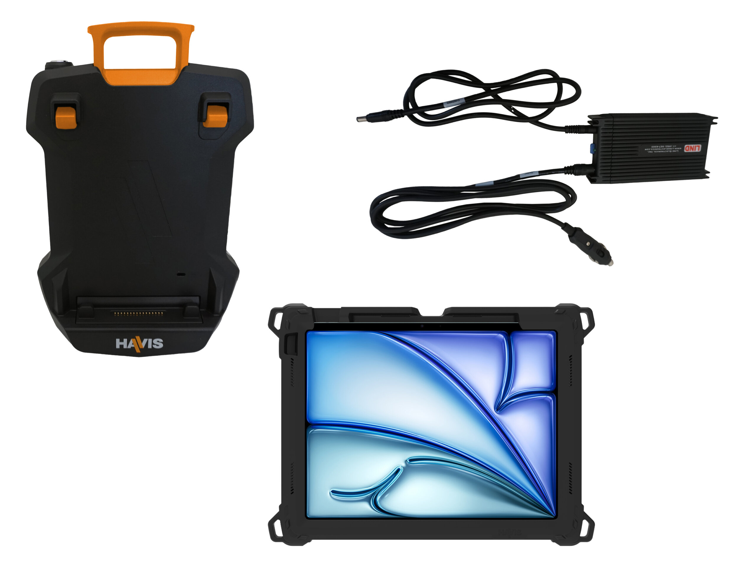 Package – DS-TAB-401 Docking Station, TC-410 Tablet Case with Touch ID Accommodation, and LPS-184 DC Power Supply for Apple iPad Pro 12.9″ (3rd – 6th Gen) and iPad Air 13″ (M2, M3)