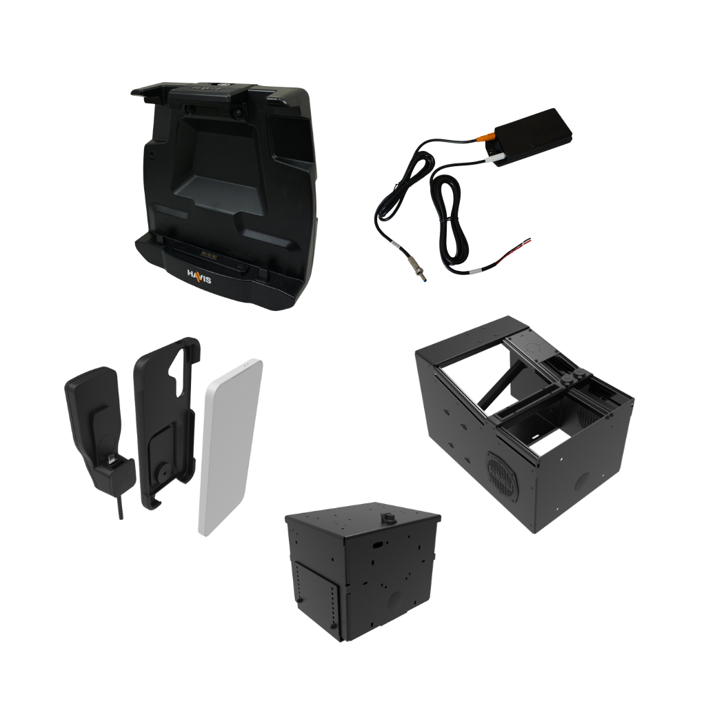 Image showing Havis solutions for Enterprise Fleet applications. The products include docking stations, a vehicle console and a power supply.