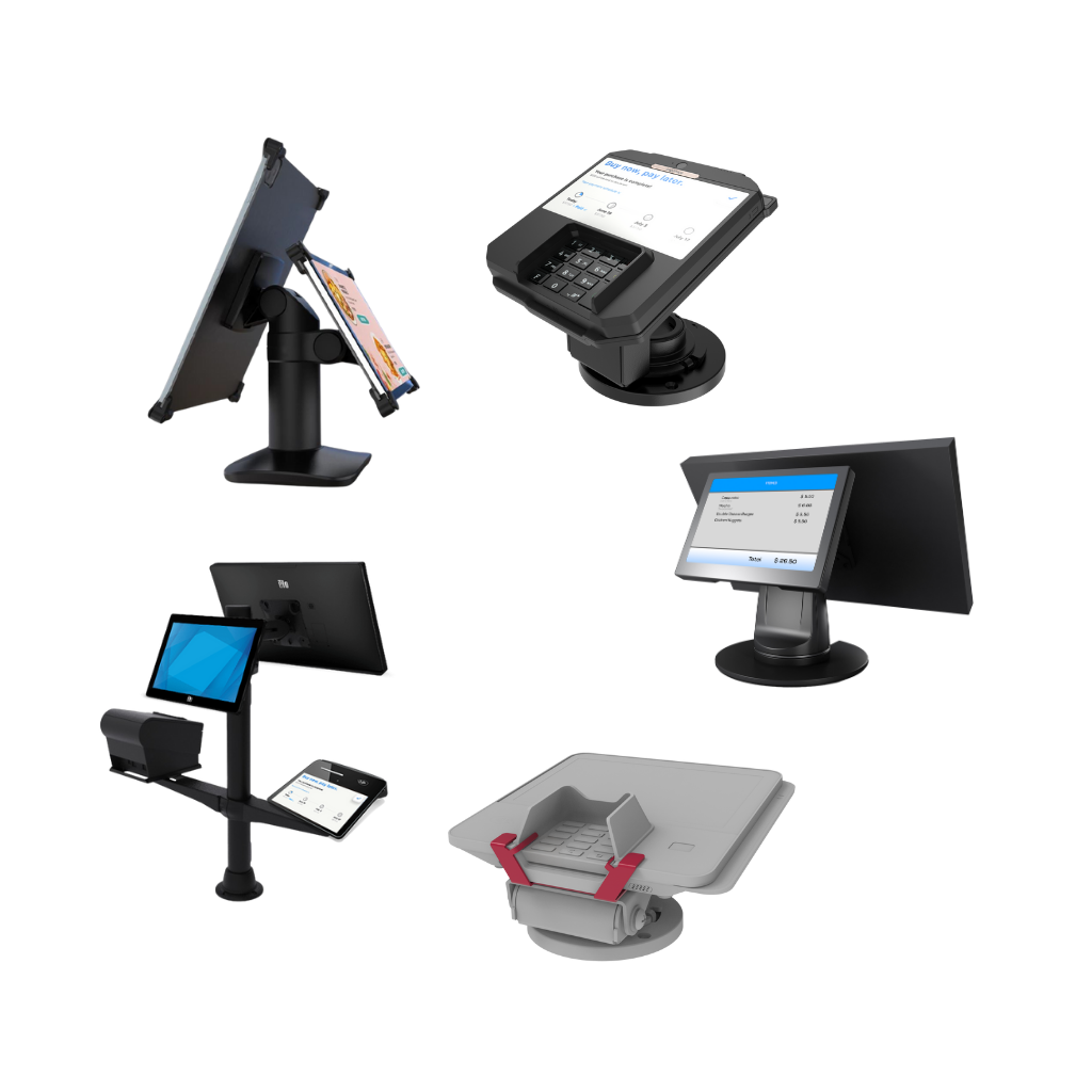 This image shows a selection of Havis products for Point of Sale and Security. It includes payment terminal stands, an anti-skimming bracket, and tablet display solutions.