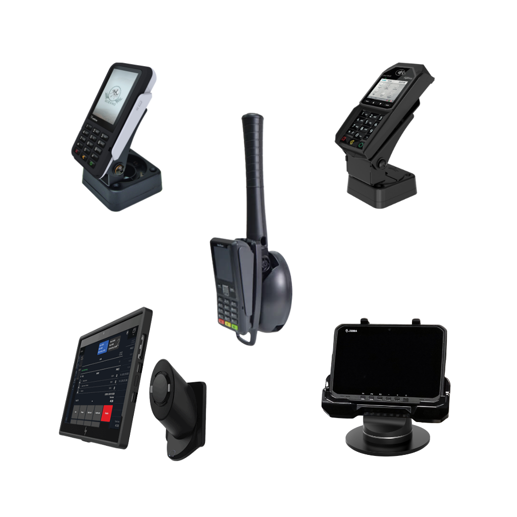 Image showing a selection of Havis solutions for QSR and Drive-Thru. The products include payment terminal stands, tablet solutions and a drive-thru payment arm and wall mount.