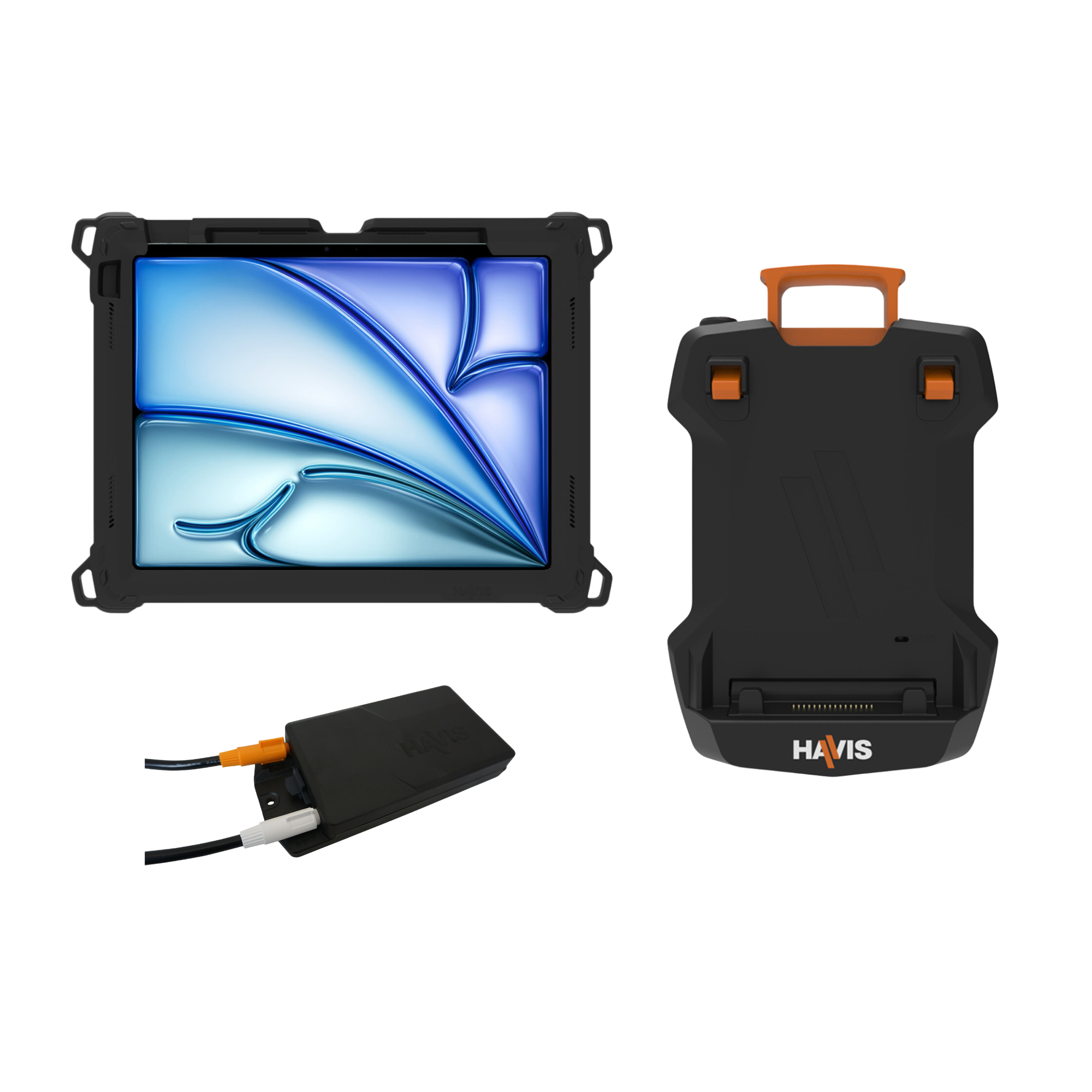 Package – DS-TAB-401 Docking Station, TC-410 Tablet Case with Touch ID Accomodation, &Havis DC Power Supply for Apple iPad Pro 12.9″ (4th – 6th Gen) and iPad Air 13″ (M2, M3)