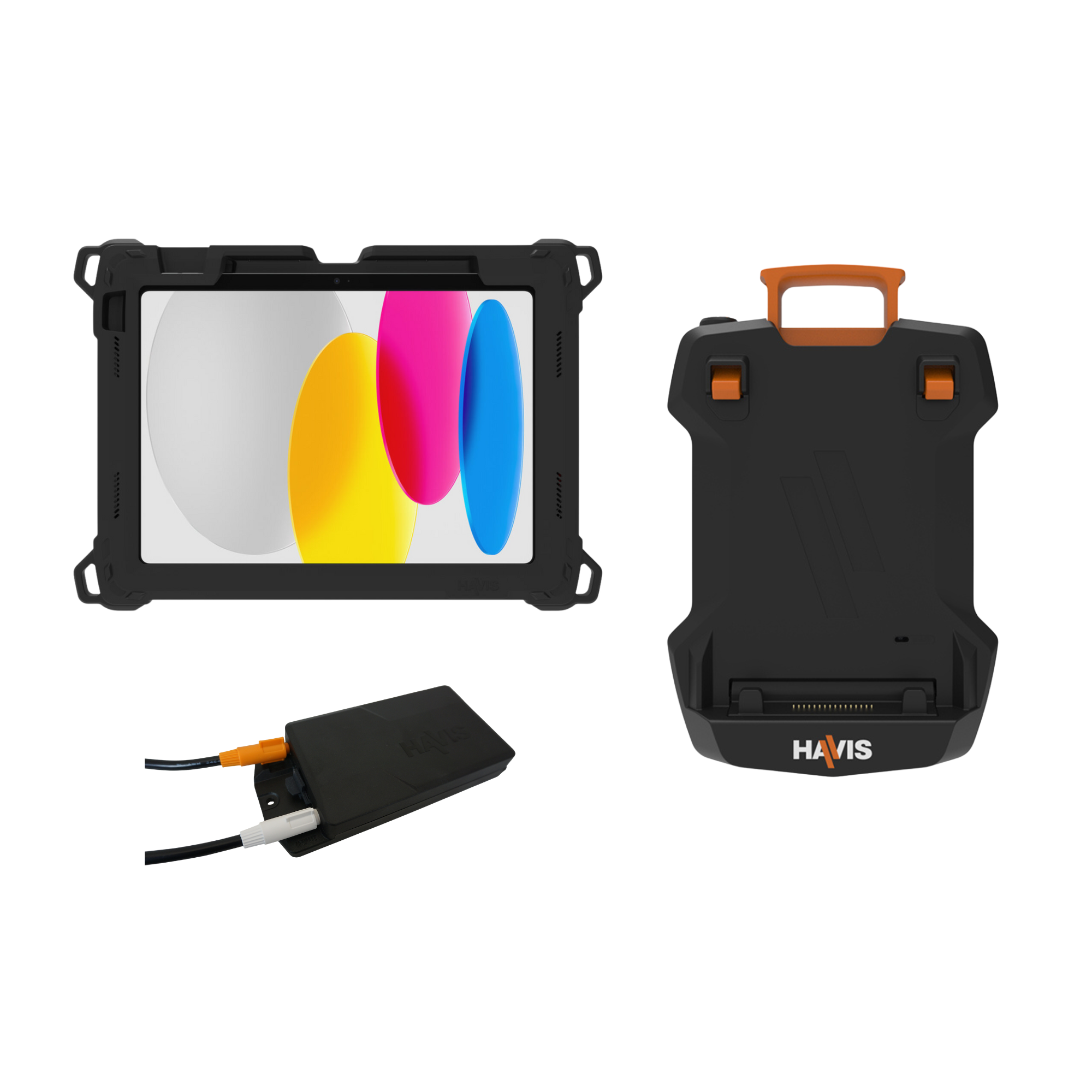 Package – DS-TAB-401 Docking Station, TC-412 Tablet Case with Touch ID Accomodation, & Havis DC Power Supply for Apple iPad (10th Gen, A16)