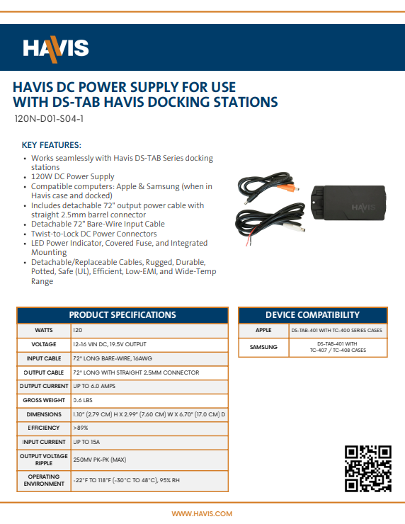 Havis DC Power Supply For DS-TAB-400 Series Havis Docking Stations – Sales Sheet